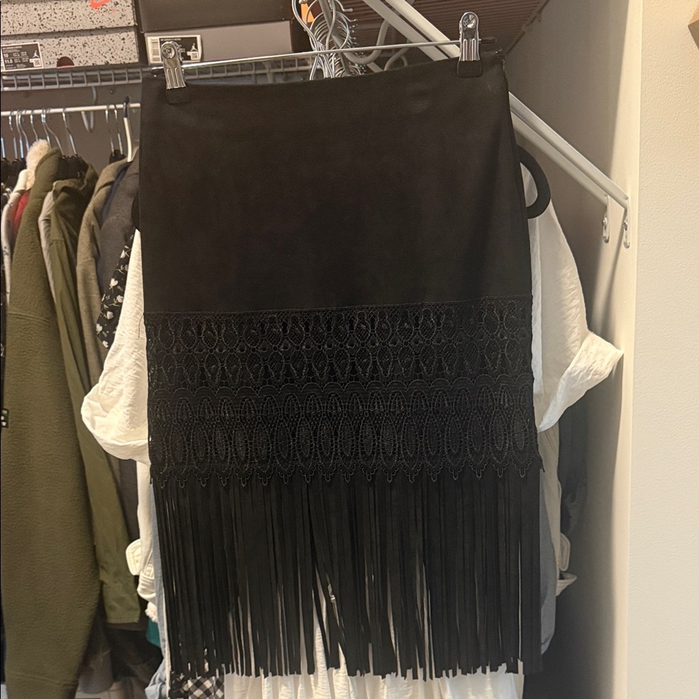 Bagatelle Black Suede Fringe Skirt